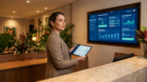 Gestor de hotel usando dashboard de automação hoteleira em tablet na recepção
