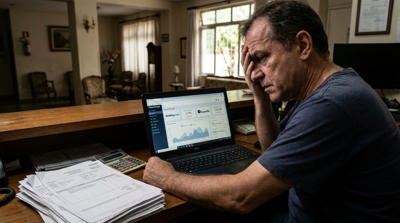 Hoteleiro brasileiro preocupado revisando altas comissões de OTAs como Booking e Expedia
