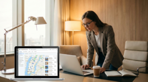 Profissional de marketing configurando campanha de Google Hotel Ads com mapa e tarifas na tela