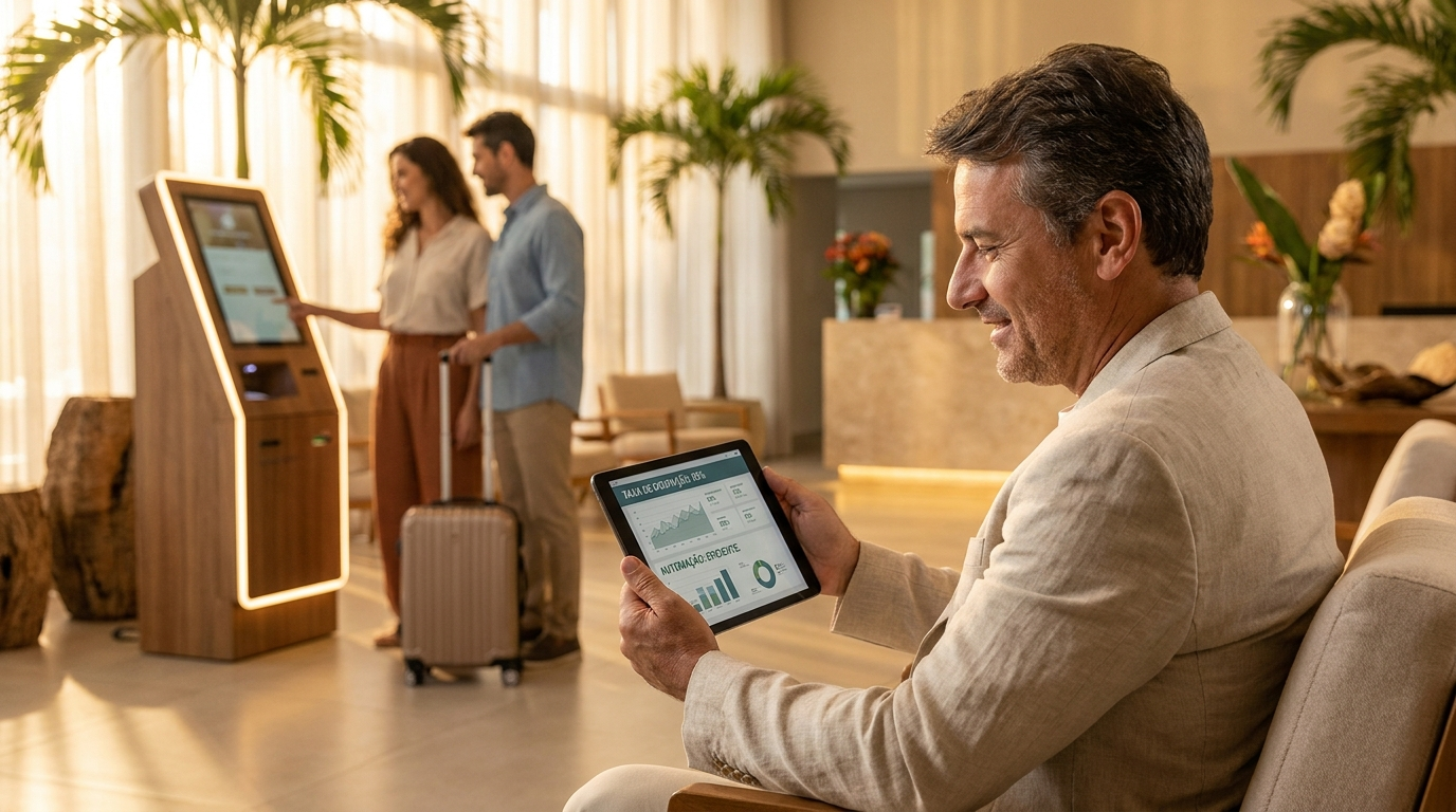 Hoteleiro analisando resultados de automação hoteleira com check-in digital