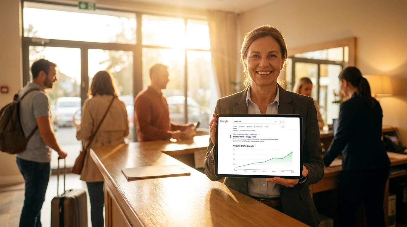 Proprietario de hotel satisfeito vendo o hotel no topo do Google e o crescimento de trafego organico