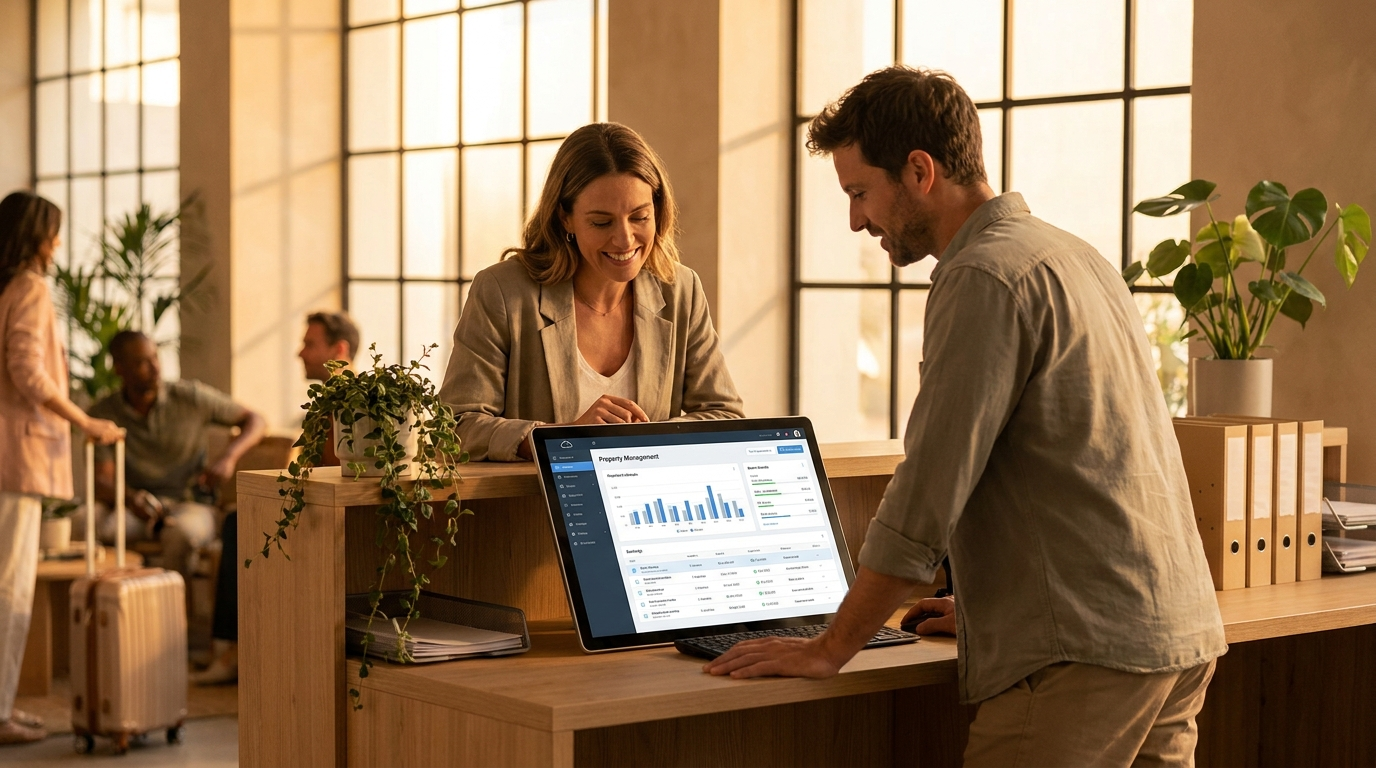 Gestor e recepcionista usando painel de PMS em nuvem integrado em tablet na recepcao moderna