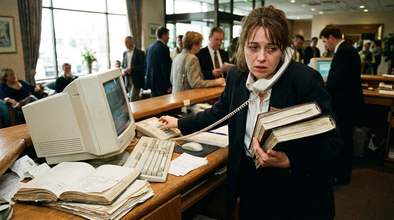 Recepcionista estressada com livros de reservas em papel e computador antigo em hotel