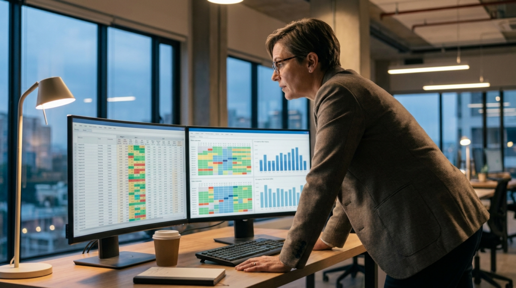 Revenue manager hoteleiro analisando painel de precificacao e ocupacao em dois monitores
