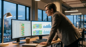 Revenue manager hoteleiro analisando painel de precificacao e ocupacao em dois monitores