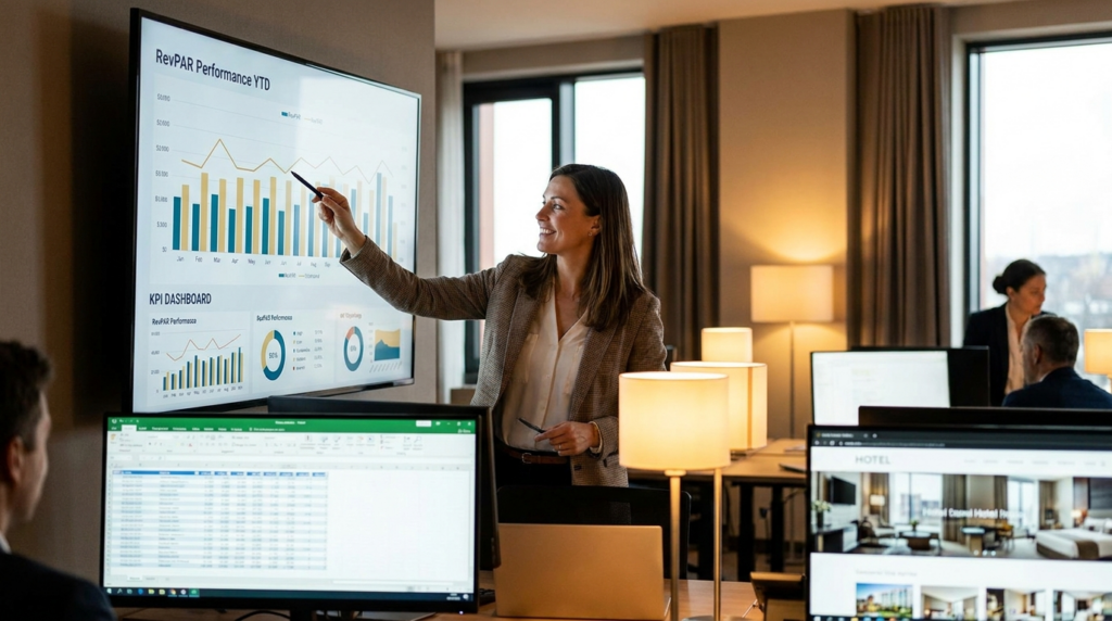 Analista de receita hoteleira apontando para grafico de desempenho de RevPAR em monitor