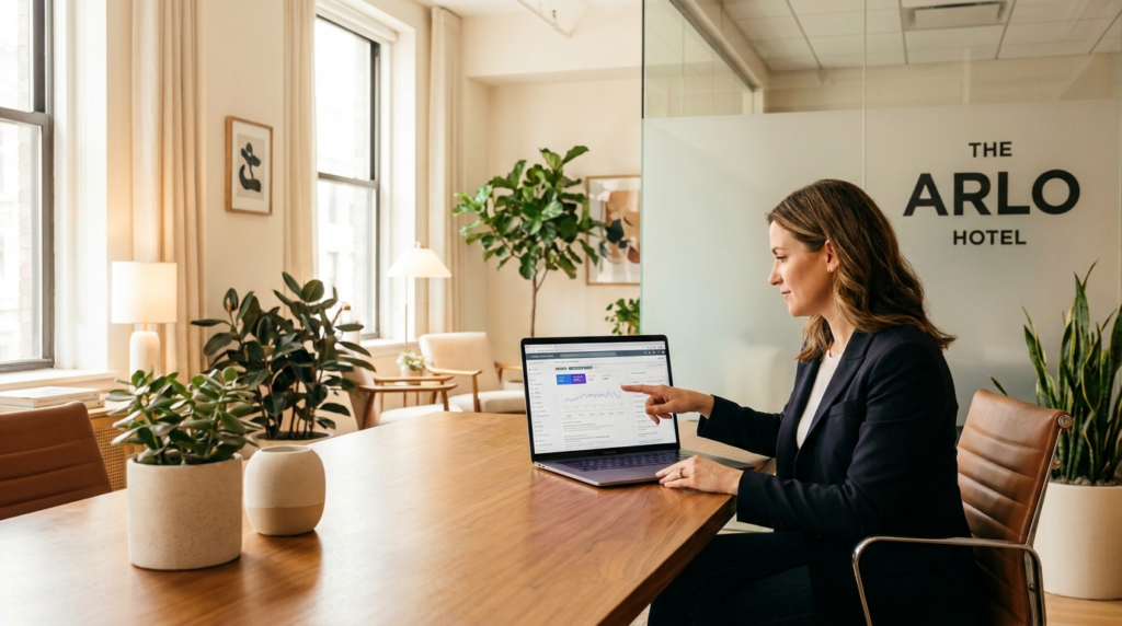 Profissional de marketing otimizando o site do hotel para busca no Google com analytics na tela