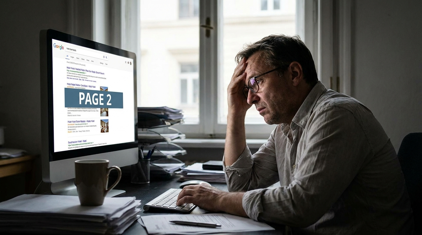 Hoteleiro frustrado vendo o site do hotel na segunda pagina dos resultados do Google