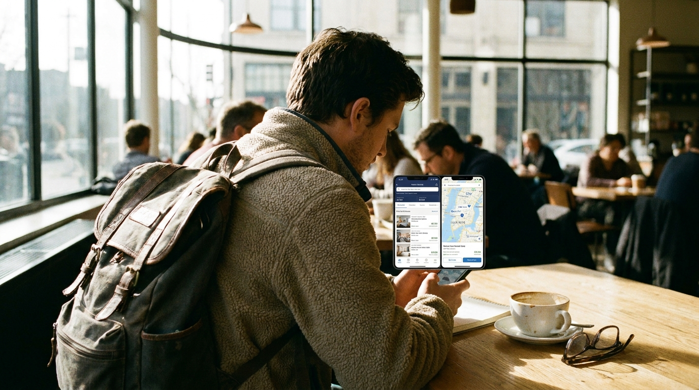 Viajante comparando precos de hoteis no smartphone com busca e mapa do Google